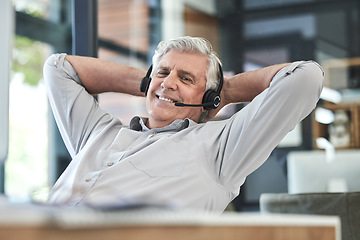 Image showing Call center, customer support and senior man relax in office for help, sales and telemarketing. Communication, manager and elderly male worker stretch on break for contact, crm service and consulting
