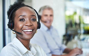 Image showing Black woman, call center and portrait of a happy worker with telemarketing and contact us work. Web support, consultation and business employee with staff in a office at a online agency at company