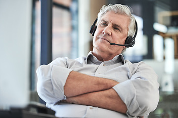 Image showing Call center, customer support and senior man in office for online help, advice and telemarketing. Communication, manager and elderly male worker with headset for contact, crm service and consulting