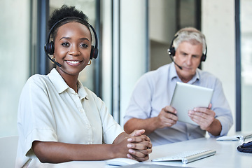 Image showing Black woman, portrait and call center work of a employee with telemarketing and contact us job. Phone consultation, African female person and web support in office with staff working on online desk