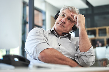 Image showing Stress, callcenter manager thinking and man in customer service agency with ideas for problem solving. Communication, senior management or help desk consultant brainstorming on phone call in office.