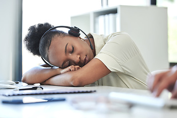 Image showing Call center, sleeping and business with black woman in office for fatigue, customer service or stress. Overworked, consulting and help desk with female employee for dreaming, mental health or burnout