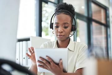 Image showing Business woman, tablet and telemarketing work of a employee with web search at office. Contact us, call center and African female worker at a phone tech consultation company typing a online email