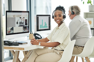 Image showing Call center, customer support and portrait of black woman for online help, advice and telemarketing. Communication, office and happy female worker with headset for contact, crm service and consulting