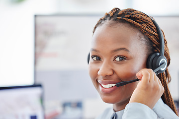 Image showing Call center, customer service and portrait of female consultant working with crm communication. Telemarketing, receptionist and African woman agent on an online consultation with client in workplace.