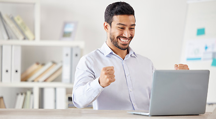 Image showing Business, happy and man excited, laptop and cheering with happiness, achievement and startup success. Male person, employee and consultant with a pc, technology and celebration with victory and smile