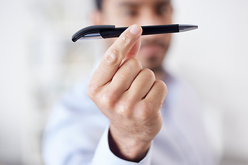 Image showing Hands, business man and pen in office for writing, working or product in company workplace. Handwriting, pens and male professional holding ballpoint stationary to write, drawing or sketch signature.