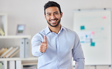 Image showing Portrait, smile and business man with thumbs up for success, support or agreement. Face, like hand gesture and Asian person with emoji for excellence, review or yes, welcome and thank you for vote.