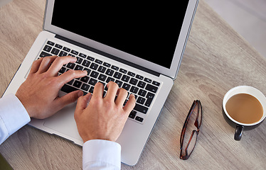 Image showing Hands, keyboard and person typing on a laptop in the morning with coffee on a desk writing a proposal or business plan. Website, web and entrepreneur working or search the internet writing a blog