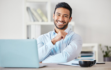 Image showing Portrait, business man and accountant smile in office, workplace or company. Face, happy and Asian male professional, entrepreneur or auditor from Singapore with success mindset for career or job.