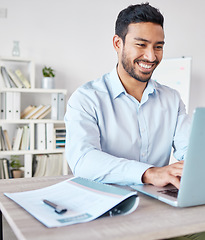 Image showing Laptop, business man and auditor typing in office, workplace or company. Computer, smile and Asian male professional, entrepreneur or accountant work on accounting, reading email or focus on research