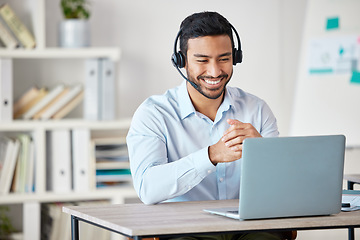 Image showing Laptop, customer service and remote work with a man consultant in his home office for support or help. Computer, call center and contact us with a male employee consulting for crm or telemarketing