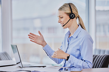 Image showing Young woman, call center and advice with discussion, mic, communication and smile in tech support job. Girl, telemarketing and happy for sales consulting, customer service or help desk at crm agency