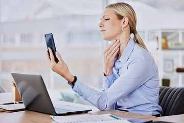 Image showing Business woman phone, throat pain and sick employee in a office on a video call with online doctor. Worker, female person and virus problem at a company with mobile consultation checking neck