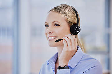Image showing Young woman, thinking and call center with microphone, communication and smile in tech support job. Girl, telemarketing and vision for sales consulting, customer service and help desk at crm agency