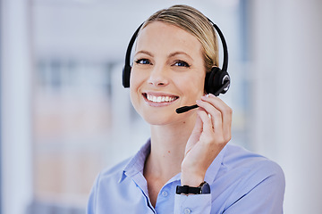 Image showing Young woman, portrait and call cente with, microphone, communication or smile in technical support job. Girl, telemarketing and happy for sales consulting, customer service or help desk at crm agency