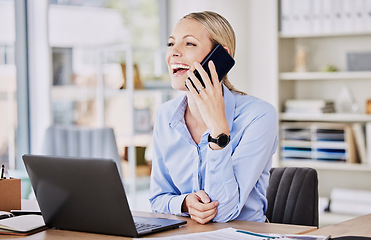 Image showing Young business woman, phone call and office at desk with motivation, sales and smile in finance agency. Financial expert, networking and happy for contact, client or lead for loan offer at startup