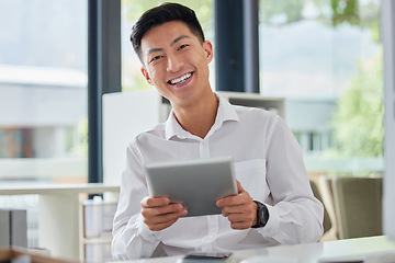 Image showing Business man, tablet and portrait with a smile from company ceo at startup office. Happy, technology and auditor of a male employee online at a desk with professional email and web strategy success