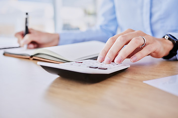 Image showing Hands, typing and calculator in office closeup for audit, tax or bookkeeping for compliance, budget or planning. Accounting person, writing and notebook for banking, profit or financial data at desk