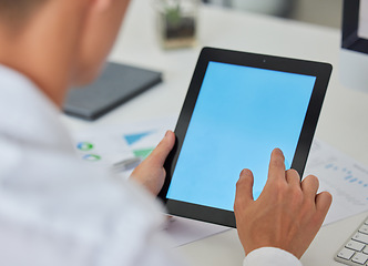 Image showing Tablet screen, mockup and hands of business man in office for website, research and networking. Social media, data chart and ux with closeup of person for digital, communication and technology