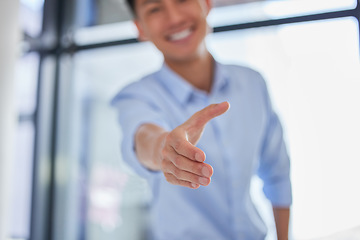 Image showing Closeup, handshake and hand of business man for networking, job interview and welcome. Thank you, contract and hiring with male employee in office for negotiation, consulting and partnership