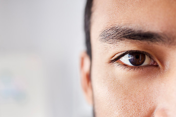 Image showing Vision, eye and portrait of man, thinking and ideas for startup business with focus and commitment. Motivation, face closeup and eyes of young businessman with calm mindset and person with an idea