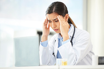 Image showing Mental health, woman doctor with headache and laptop at her desk in a modern office. Anxiety or stress, depression or mistake and sad female surgeon or nurse at her workstation with problem at work