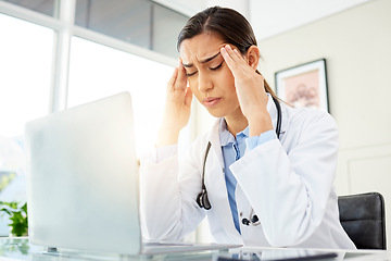 Image showing Mental health, woman doctor with a headache and with laptop at her desk in a workplace office with a lens flare. Stress or depression, problem or mistake and female surgeon sad at her workstation