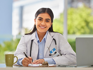 Image showing Medical, writing and portrait of doctor in office for consulting, report and paperwork. Medicine, healthcare and checklist with woman in hospital for prescription, wellness exam and results