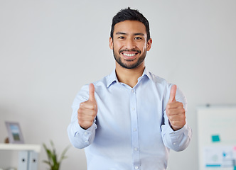 Image showing Thumbs up, success and portrait of business man in office for achievement, winner and agreement. Good luck, thank you and vote with male employee and hand gesture for target, goals and feedback