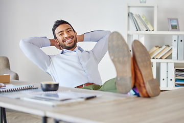 Image showing Relax, happy and portrait of business man at desk for pride, stretching and break. Smile, achievement and inspiration with male employee in office for mental health, professional and satisfaction