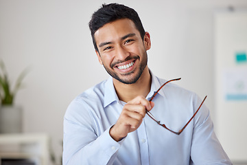 Image showing Portrait of man in office with smile, glasses and confidence in project management with ideas, vision and happiness. Professional consultant, advisor or manager at startup, happy face of businessman