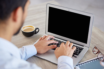 Image showing Man in office, typing and laptop keyboard, internet and research for online financial report at accounting start up. Hands on computer, accountant or businessman writing email, proposal or feedback.