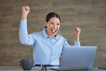 Image showing Happy woman at desk with laptop, excited for good news, promotion or winning deal on email in office. Happiness, celebration and success, online trader at start up and winner feedback on bonus stocks