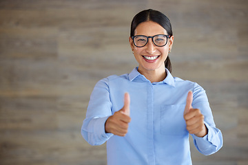 Image showing Business woman, thumbs up and portrait with a smile from success, motivation and yes vote. Mockup, young female professional and employee with happy, winner and emoji hand gesture with job trust