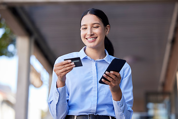 Image showing Woman, smile with credit card and smartphone outdoor, online shopping with payment and fintech. Happy, store account and ecommerce with female person, mobile bank app and internet banking transaction