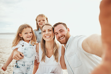 Image showing Selfie of mom, dad and kids on beach, travel and happiness on ocean holiday in Australia together. Mother, father and happy children with smile in self portrait in nature on summer vacation at sea.