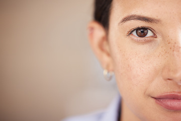 Image showing Closeup, portrait and woman with mockup, eye and freckles with goals, vision and clear vision. Face, female person and model with eye care, split in half and confident with skincare, idea and facial