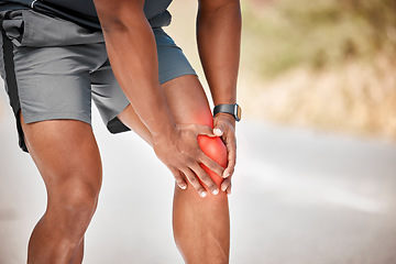 Image showing Fitness, knee pain and anatomy with a sports man outdoor in nature for cardio or endurance running. Exercise, medical accident or injury with a male athlete holding a joint while training for health