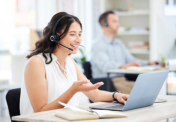 Image showing Woman, callcenter and laptop with phone call and smile, happy conversation with communication and contact us. CRM, customer service and help with female consultant at desk, positivity and telecom