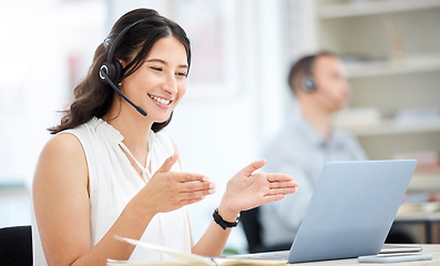 Image showing Business woman, video call and laptop with seminar, training workshop and virtual communication at office. Female professional, online chat and conversation with help desk, tech support and webinar