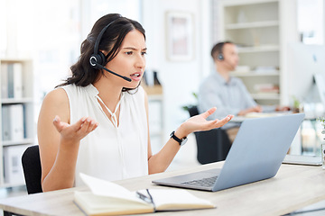 Image showing Woman is angry at callcenter, frustrated with phone call and laptop software glitch or communication fail and confused. Customer service, tech support mistake and 404 with annoyed female consultant