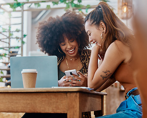 Image showing Phone, cafe and happy women or friends with social media, restaurant and online meme for e learning or university remote work. African people or students at coffee shop on mobile app, web and college