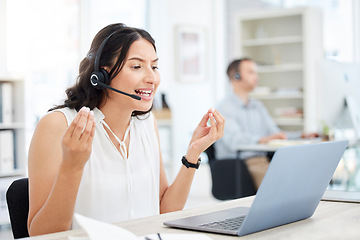 Image showing Woman, callcenter and anger, frustrated with phone call and laptop software glitch or communication fail and confused. Customer service, tech support mistake and 404 with annoyed female consultant