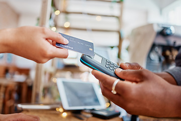 Image showing Credit card, POS and people hands in small business, e commerce transaction and fintech payment or store machine. Digital banking, customer services or b2c woman, cashier or man in shop or restaurant