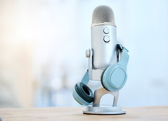 Image showing Headphones, microphone and streaming with a podcast, media reporter and online with radio, network and connection. Music, mic or headset for interview, journalist or creativity with recording or live