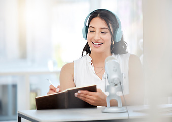 Image showing Headphones, microphone or happy girl writing notes on podcast, online radio or network broadcast. Influencer host, woman or journalist reporter live streaming or planning content ideas or schedule