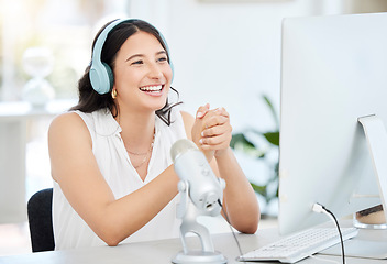 Image showing Headphones, microphone or happy woman streaming a podcast media, online radio or network. Influencer host, broadcast or journalist reporter talking, recording or speaking of live news on computer