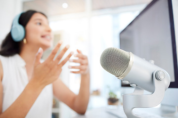 Image showing Audio, microphone or woman live streaming a podcast media or online radio on broadcast network. Influencer host, blurry presenter or girl journalist reporter talking, recording or speaking of news