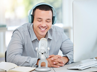 Image showing Headphones, microphone or happy man streaming a podcast media, online radio or network. Influencer host, broadcast or male journalist reporter talking, recording or speaking of live news on computer